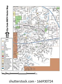 Vector map with summits, rivers, railroads, streets, lakes, parks, airports, stadiums, correctional facilities, military installations and federal lands by zip code 89074 with labels and clean layers.