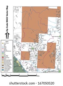 Vector map with summits, rivers, railroads, streets, lakes, parks, airports, stadiums, correctional facilities, military installations and federal lands by zip code 89433 with labels and clean layers.