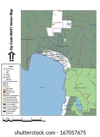 Vector map with summits, rivers, railroads, streets, lakes, parks, airports, stadiums, correctional facilities, military installations and federal lands by zip code 89451 with labels and clean layers.