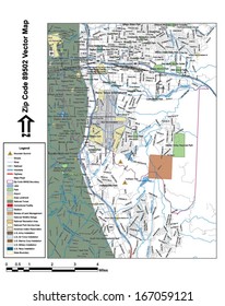 Vector map with summits, rivers, railroads, streets, lakes, parks, airports, stadiums, correctional facilities, military installations and federal lands by zip code 89502 with labels and clean layers.