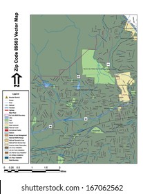 Vector map with summits, rivers, railroads, streets, lakes, parks, airports, stadiums, correctional facilities, military installations and federal lands by zip code 89503 with labels and clean layers.