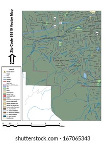 Vector map with summits, rivers, railroads, streets, lakes, parks, airports, stadiums, correctional facilities, military installations and federal lands by zip code 89519 with labels and clean layers.