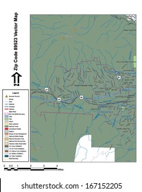 Vector map with summits, rivers, railroads, streets, lakes, parks, airports, stadiums, correctional facilities, military installations and federal lands by zip code 89523 with labels and clean layers.