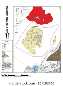 Vector map with summits, rivers, railroads, streets, lakes, parks, airports, stadiums, correctional facilities, military installations and federal lands by zip code 98303 with labels and clean layers.