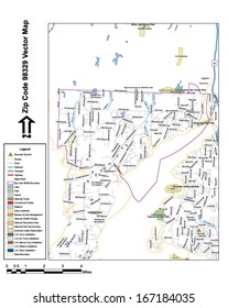Vector map with summits, rivers, railroads, streets, lakes, parks, airports, stadiums, correctional facilities, military installations and federal lands by zip code 98329 with labels and clean layers.