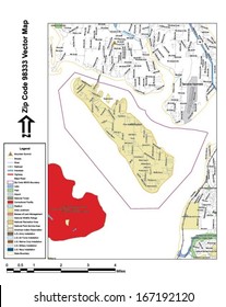 Vector map with summits, rivers, railroads, streets, lakes, parks, airports, stadiums, correctional facilities, military installations and federal lands by zip code 98333 with labels and clean layers.