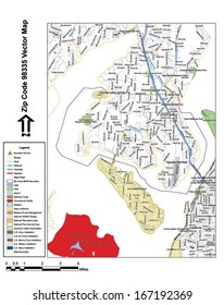 Vector map with summits, rivers, railroads, streets, lakes, parks, airports, stadiums, correctional facilities, military installations and federal lands by zip code 98335 with labels and clean layers.