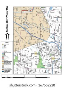 Vector map with summits, rivers, railroads, streets, lakes, parks, airports, stadiums, correctional facilities, military installations and federal lands by zip code 98371 with labels and clean layers.