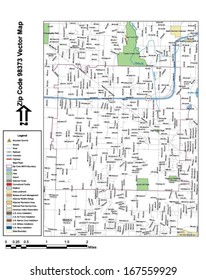 Vector map with summits, rivers, railroads, streets, lakes, parks, airports, stadiums, correctional facilities, military installations and federal lands by zip code 98373 with labels and clean layers.
