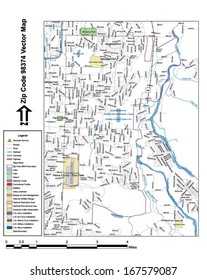 Vector map with summits, rivers, railroads, streets, lakes, parks, airports, stadiums, correctional facilities, military installations and federal lands by zip code 98374 with labels and clean layers.