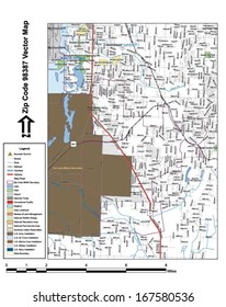 Vector map with summits, rivers, railroads, streets, lakes, parks, airports, stadiums, correctional facilities, military installations and federal lands by zip code 98387 with labels and clean layers.