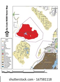 Vector map with summits, rivers, railroads, streets, lakes, parks, airports, stadiums, correctional facilities, military installations and federal lands by zip code 98388 with labels and clean layers.