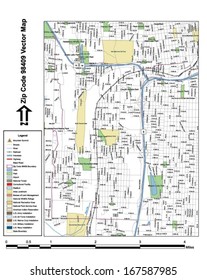 Vector map with summits, rivers, railroads, streets, lakes, parks, airports, stadiums, correctional facilities, military installations and federal lands by zip code 98409 with labels and clean layers.