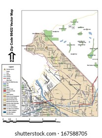 Vector map with summits, rivers, railroads, streets, lakes, parks, airports, stadiums, correctional facilities, military installations and federal lands by zip code 98422 with labels and clean layers.