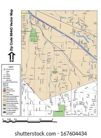 Vector map with summits, rivers, railroads, streets, lakes, parks, airports, stadiums, correctional facilities, military installations and federal lands by zip code 98443 with labels and clean layers.