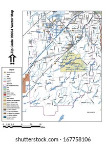 Vector map with summits, rivers, railroads, streets, lakes, parks, airports, stadiums, correctional facilities, military installations and federal lands by zip code 99004 with labels and clean layers.