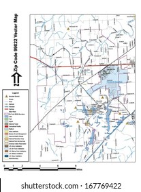 Vector map with summits, rivers, railroads, streets, lakes, parks, airports, stadiums, correctional facilities, military installations and federal lands by zip code 99022 with labels and clean layers.