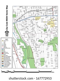 Vector map with summits, rivers, railroads, streets, lakes, parks, airports, stadiums, correctional facilities, military installations and federal lands by zip code 99204 with labels and clean layers.