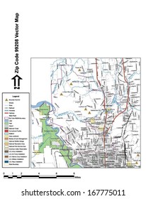 Vector map with summits, rivers, railroads, streets, lakes, parks, airports, stadiums, correctional facilities, military installations and federal lands by zip code 99208 with labels and clean layers.