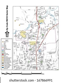 Vector map with summits, rivers, railroads, streets, lakes, parks, airports, stadiums, correctional facilities, military installations and federal lands by zip code 99218 with labels and clean layers.