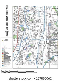 Vector map with summits, rivers, railroads, streets, lakes, parks, airports, stadiums, correctional facilities, military installations and federal lands by zip code 98001 with labels and clean layers.