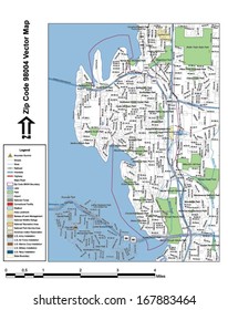 Vector Map With Summits, Rivers, Railroads, Streets, Lakes, Parks, Airports, Stadiums, Correctional Facilities, Military Installations And Federal Lands By Zip Code 98004 With Labels And Clean Layers.