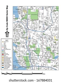 Vector map with summits, rivers, railroads, streets, lakes, parks, airports, stadiums, correctional facilities, military installations and federal lands by zip code 98005 with labels and clean layers.