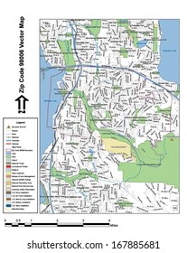 Vector map with summits, rivers, railroads, streets, lakes, parks, airports, stadiums, correctional facilities, military installations and federal lands by zip code 98006 with labels and clean layers.