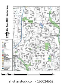 Vector map with summits, rivers, railroads, streets, lakes, parks, airports, stadiums, correctional facilities, military installations and federal lands by zip code 98031 with labels and clean layers.