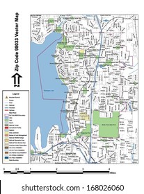 Vector map with summits, rivers, railroads, streets, lakes, parks, airports, stadiums, correctional facilities, military installations and federal lands by zip code 98033 with labels and clean layers.