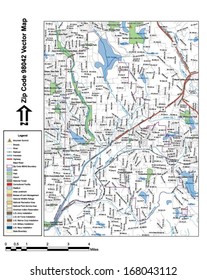 Vector map with summits, rivers, railroads, streets, lakes, parks, airports, stadiums, correctional facilities, military installations and federal lands by zip code 98042 with labels and clean layers.