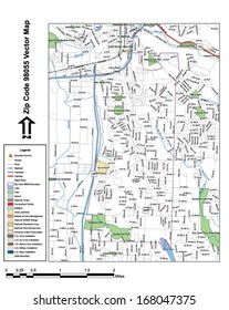 Vector map with summits, rivers, railroads, streets, lakes, parks, airports, stadiums, correctional facilities, military installations and federal lands by zip code 98055 with labels and clean layers.