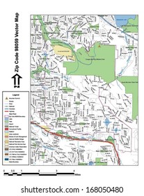Vector map with summits, rivers, railroads, streets, lakes, parks, airports, stadiums, correctional facilities, military installations and federal lands by zip code 98059 with labels and clean layers.