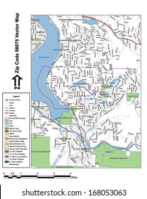 Vector map with summits, rivers, railroads, streets, lakes, parks, airports, stadiums, correctional facilities, military installations and federal lands by zip code 98075 with labels and clean layers.