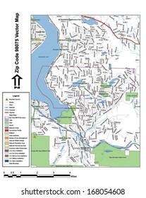 Vector map with summits, rivers, railroads, streets, lakes, parks, airports, stadiums, correctional facilities, military installations and federal lands by zip code 98092 with labels and clean layers.