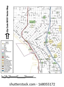 Vector map with summits, rivers, railroads, streets, lakes, parks, airports, stadiums, correctional facilities, military installations and federal lands by zip code 98101 with labels and clean layers.