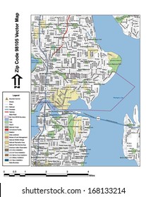 Vector map with summits, rivers, railroads, streets, lakes, parks, airports, stadiums, correctional facilities, military installations and federal lands by zip code 98105 with labels and clean layers.