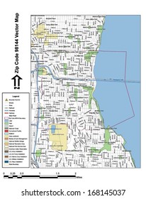Vector map with summits, rivers, railroads, streets, lakes, parks, airports, stadiums, correctional facilities, military installations and federal lands by zip code 98144 with labels and clean layers.