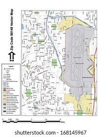 Vector map with summits, rivers, railroads, streets, lakes, parks, airports, stadiums, correctional facilities, military installations and federal lands by zip code 98148 with labels and clean layers.