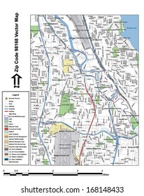 Vector map with summits, rivers, railroads, streets, lakes, parks, airports, stadiums, correctional facilities, military installations and federal lands by zip code 98168 with labels and clean layers.