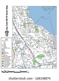 Vector map with summits, rivers, railroads, streets, lakes, parks, airports, stadiums, correctional facilities, military installations and federal lands by zip code 98178 with labels and clean layers.