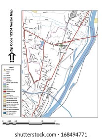 Vector map with summits, rivers, railroads, streets, lakes, parks, airports, stadiums, correctional facilities, military installations and federal lands by zip code 12204 with labels and clean layers.