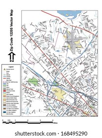 Vector map with summits, rivers, railroads, streets, lakes, parks, airports, stadiums, correctional facilities, military installations and federal lands by zip code 12205 with labels and clean layers.