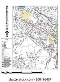 Vector map with summits, rivers, railroads, streets, lakes, parks, airports, stadiums, correctional facilities, military installations and federal lands by zip code 12208 with labels and clean layers.