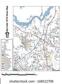 Vector map with summits, rivers, railroads, streets, lakes, parks, airports, stadiums, correctional facilities, military installations and federal lands by zip code 12110 with labels and clean layers.