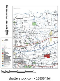 Vector map with summits, rivers, railroads, streets, lakes, parks, airports, stadiums, correctional facilities, military installations and federal lands by zip code 14031 with labels and clean layers.