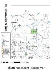 Vector map with summits, rivers, railroads, streets, lakes, parks, airports, stadiums, correctional facilities, military installations and federal lands by zip code 14032 with labels and clean layers.