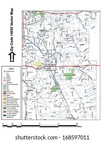 Vector map with summits, rivers, railroads, streets, lakes, parks, airports, stadiums, correctional facilities, military installations and federal lands by zip code 14052 with labels and clean layers.