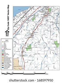 Vector map with summits, rivers, railroads, streets, lakes, parks, airports, stadiums, correctional facilities, military installations and federal lands by zip code 14057 with labels and clean layers.