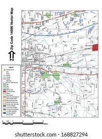 Vector map with summits, rivers, railroads, streets, lakes, parks, airports, stadiums, correctional facilities, military installations and federal lands by zip code 14086 with labels and clean layers.